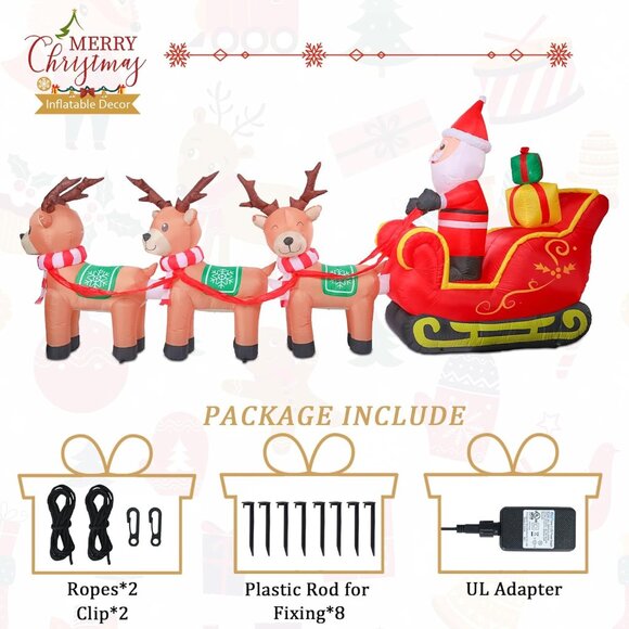 ⚡12FT Christmas Inflatable Santa Claus Sleigh Reindeer Outdoor Decoration - Picture 5 of 7